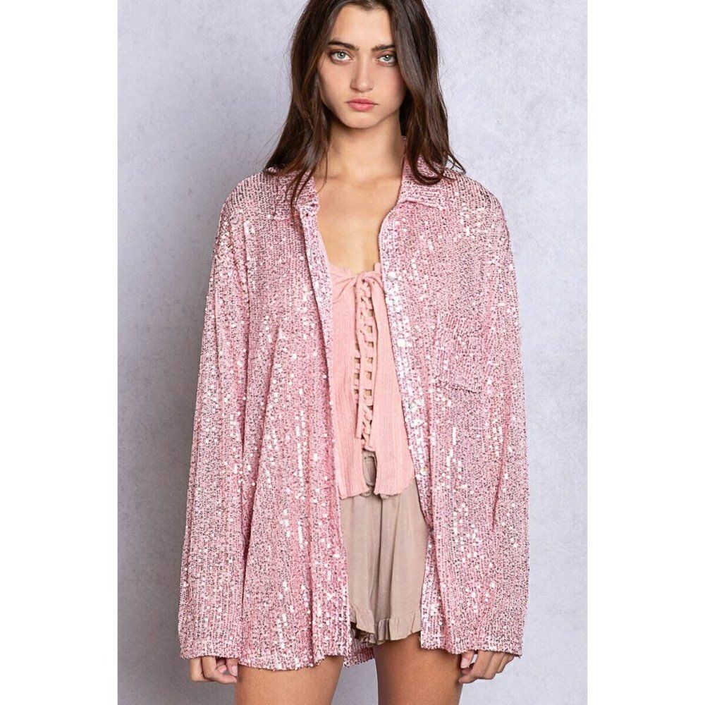 Pol Clothing Rose Pink Sequin Button Up Shirt Beach Cover Up Sparkly S-L SMT1938